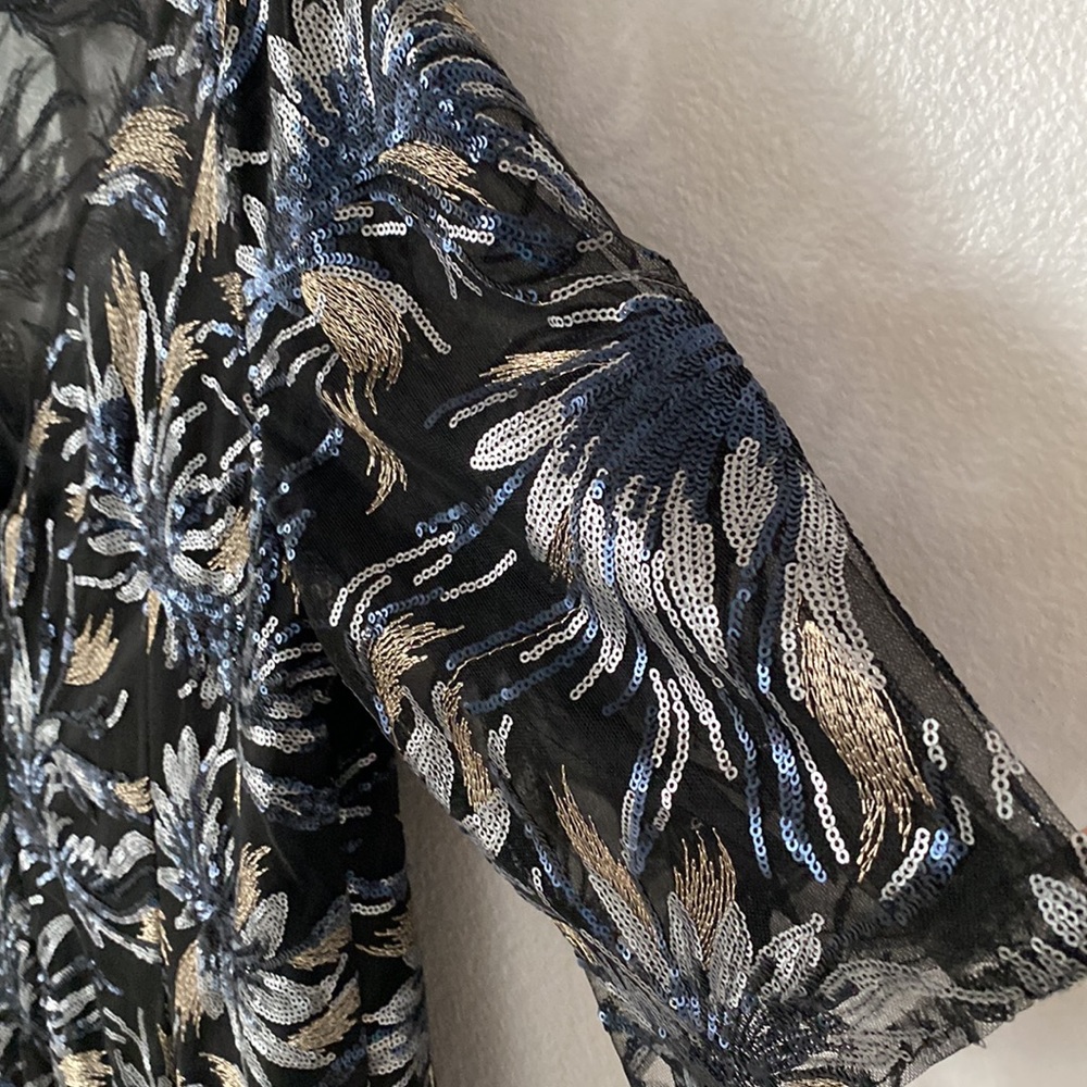 Carmen Marc Valvo Black Sequin Sheath Dress with Blue and Silver Floral Motif - Picture 4 of 4